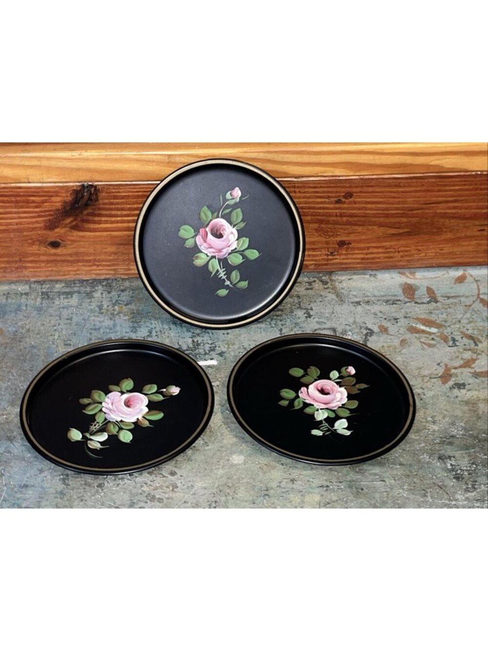 VTG Tole Tray Lot Black Tolware Hand-Painted Serving Decorative Wall Set Of 3